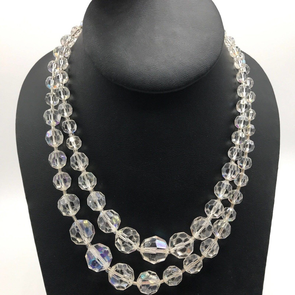 Vintage Clear AB Aurora Borealis Crystal Graduated Double Strand Necklace